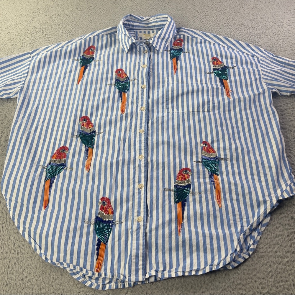 Maeve Parrot Button Down Shirt Womens XS / S Blue White Striped Sequin Oversized - Picture 5 of 9